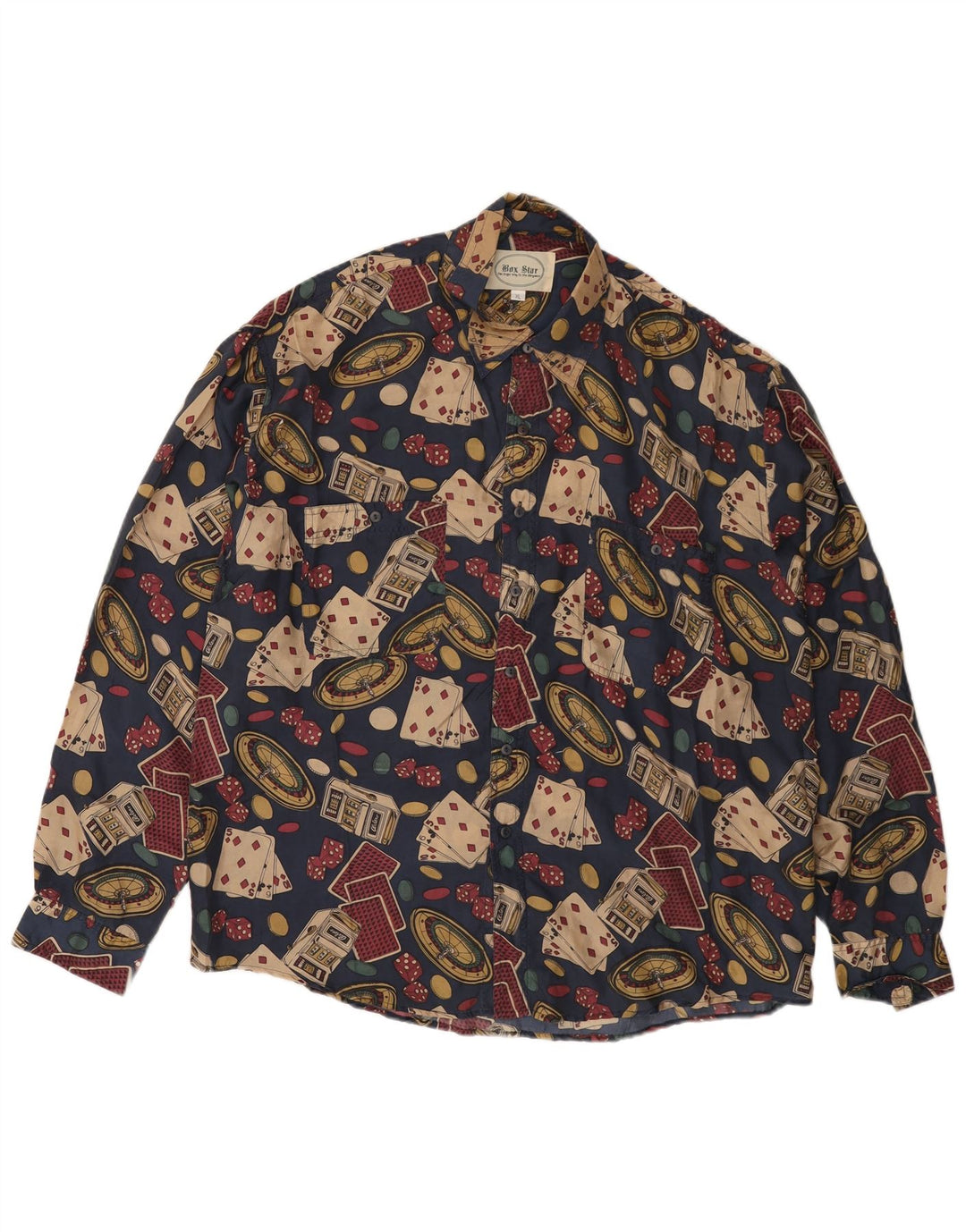 Męska koszula w stylu vintage z grafiką XL, granatowa, jedwabna