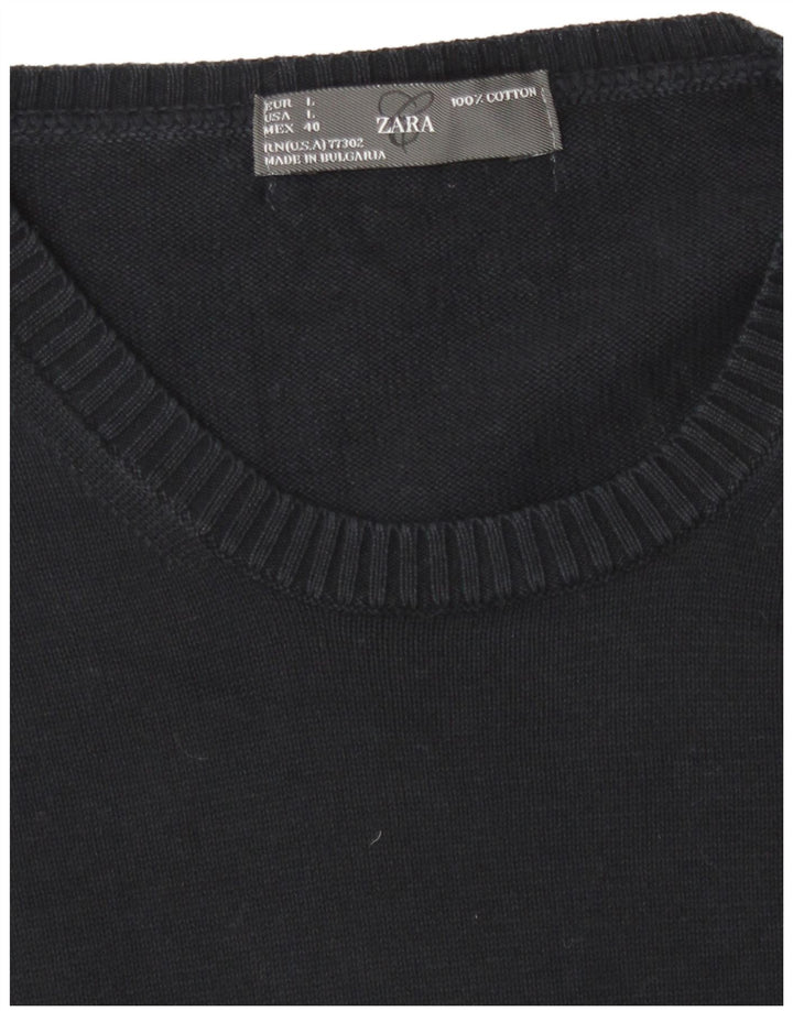 Męski sweter z okrągłym dekoltem Zara, duży, granatowy, bawełniany