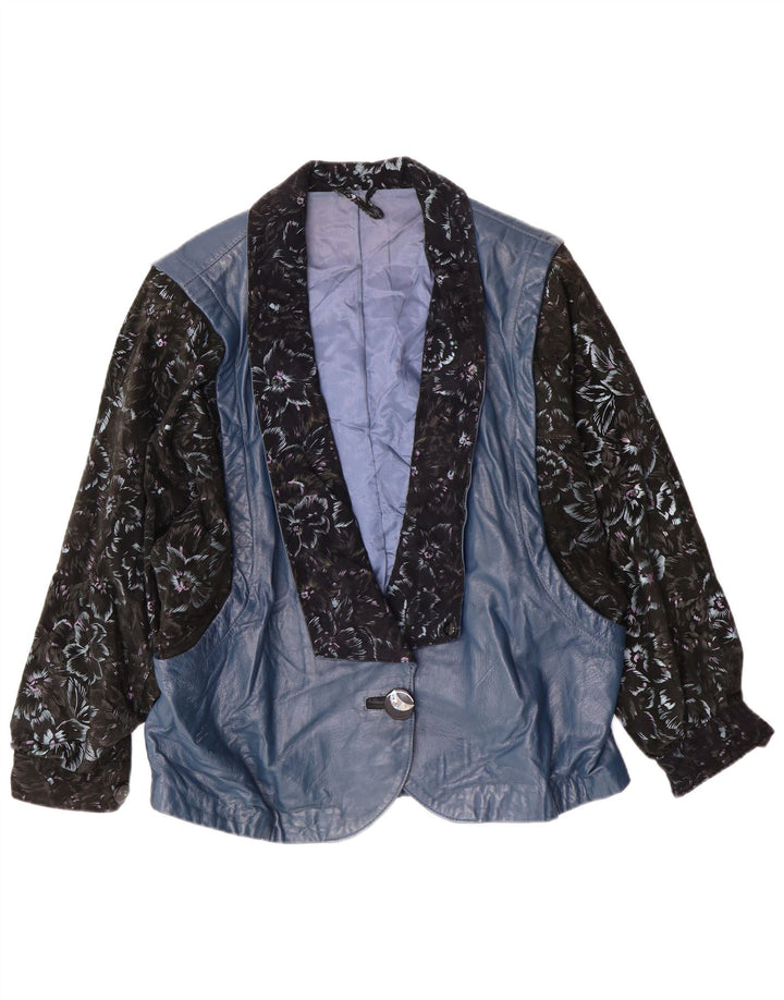 Vintage damska kurtka skórzana UK 14, duża, niebieska, w kwiaty, retro