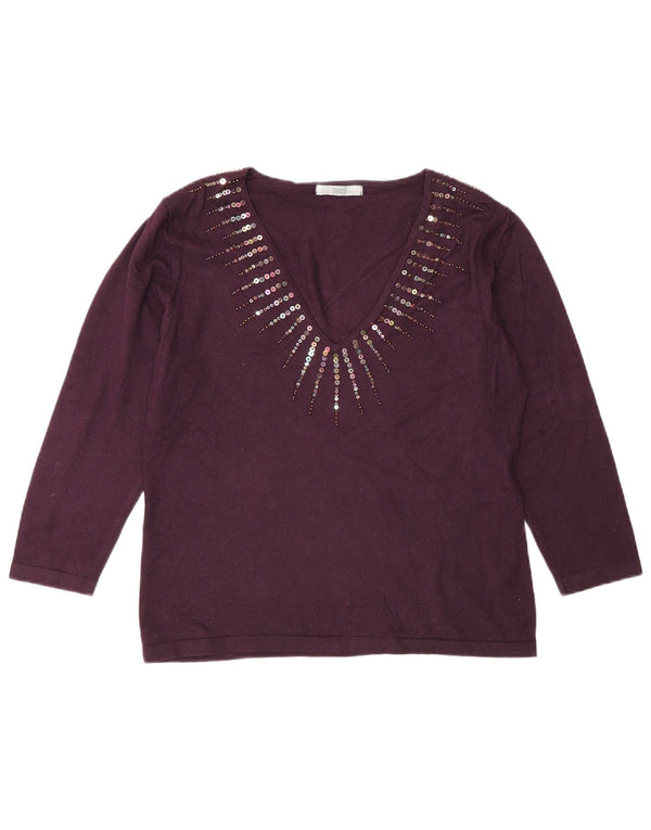 Sweter damski Marks & Spencer z dekoltem w kształcie litery V, UK 16, duży, bordowy, wiskoza
