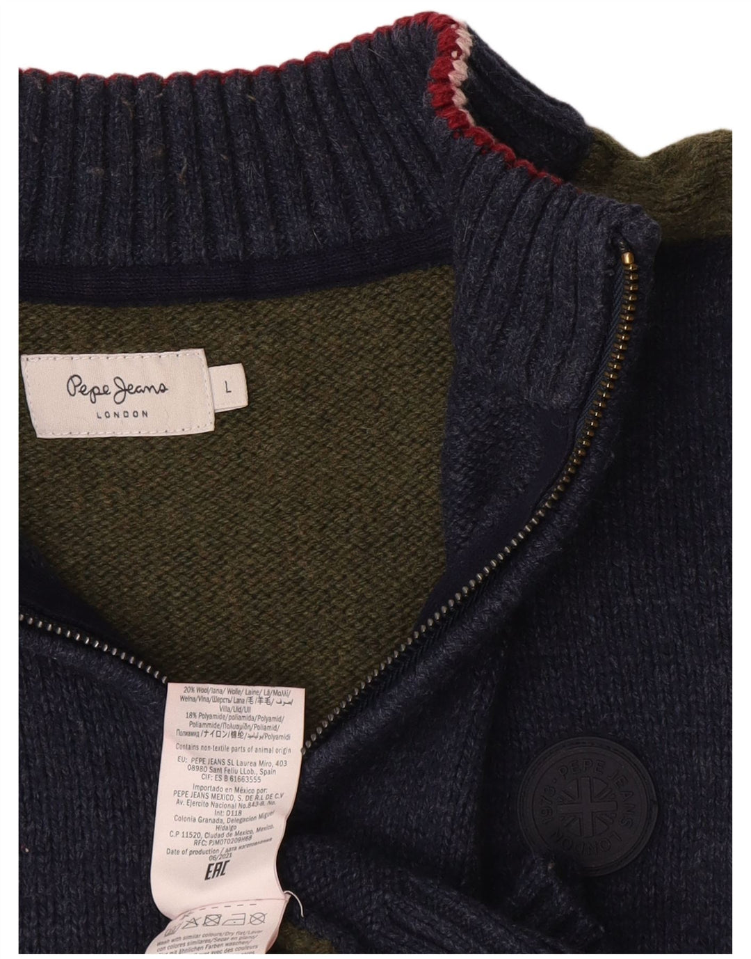 PEPE Jeans Męski sweter z zamkiem błyskawicznym, duży, granatowy, wełniany w bloki kolorów