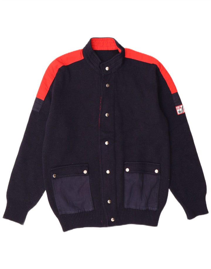 Sweter męski rozpinany w stylu vintage IT 50 Średni granatowy, wełniany blok kolorów