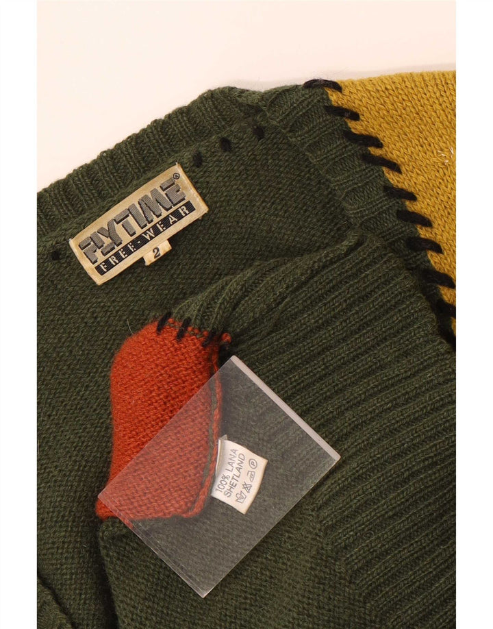Vintage damski sweter z grafiką UK 16, duży, zielony, patchworkowy, wełniany