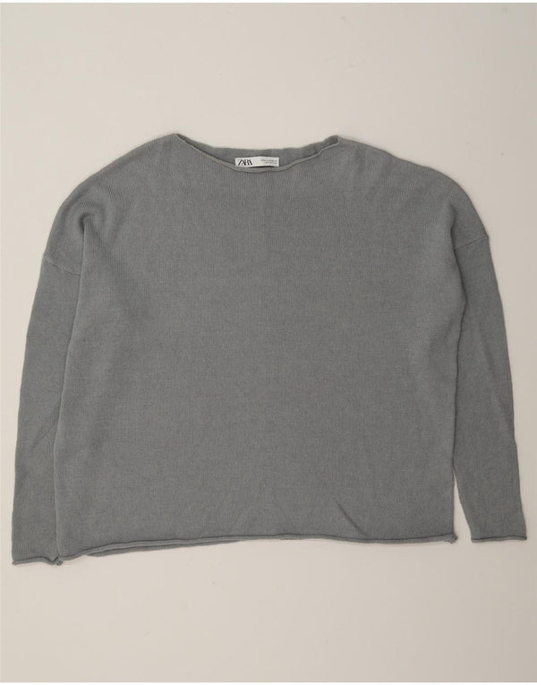 Damski sweter oversize z dekoltem w łódkę Zara UK 14, średnioszary, bawełniany