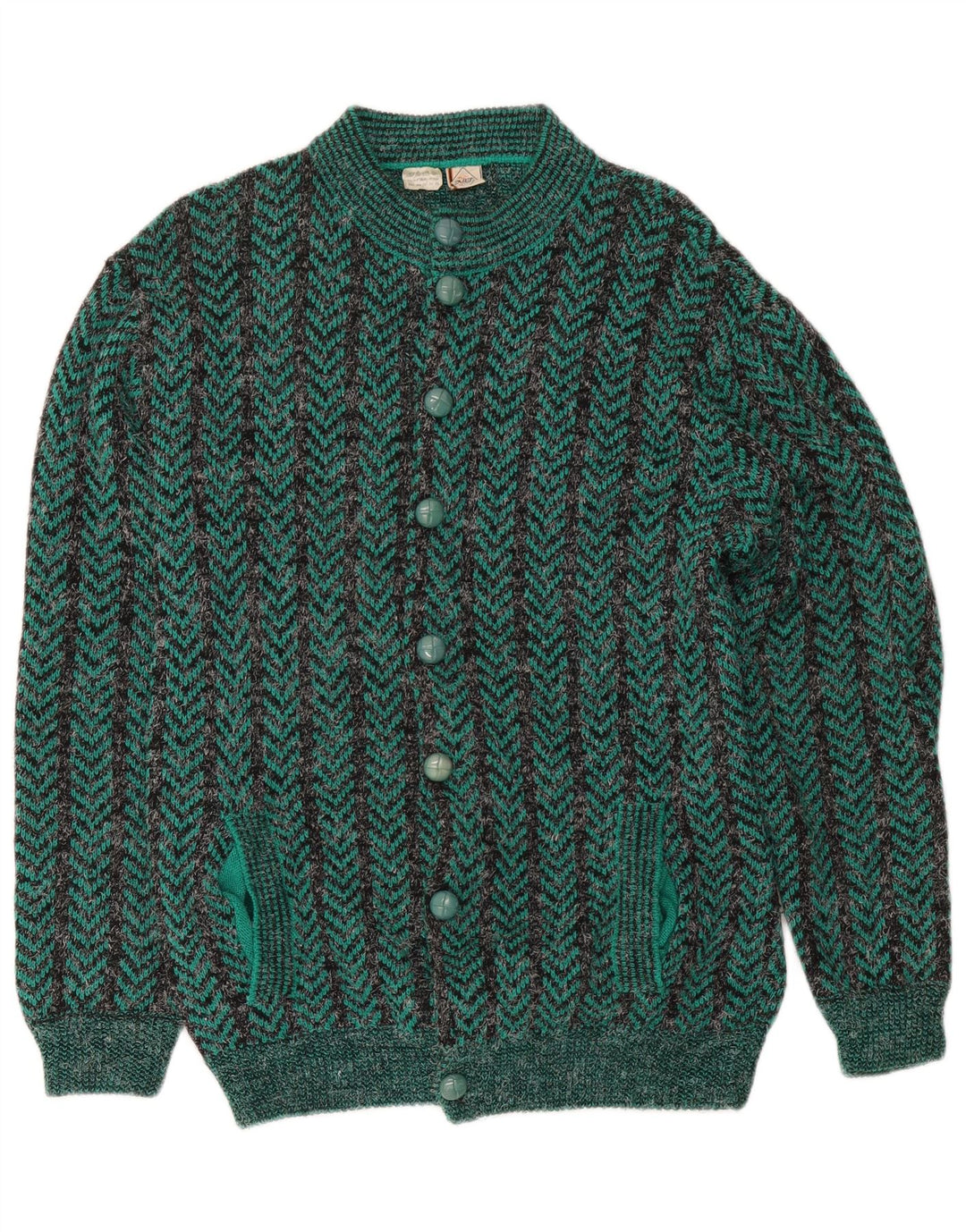 Vintage męski sweter rozpinany o regularnym kroju, średni zielony akrylowy jodełka