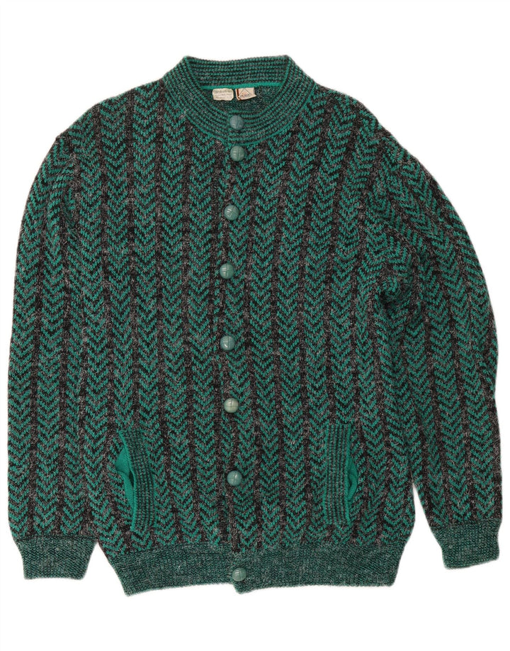 Vintage męski sweter rozpinany o regularnym kroju, średni zielony akrylowy jodełka
