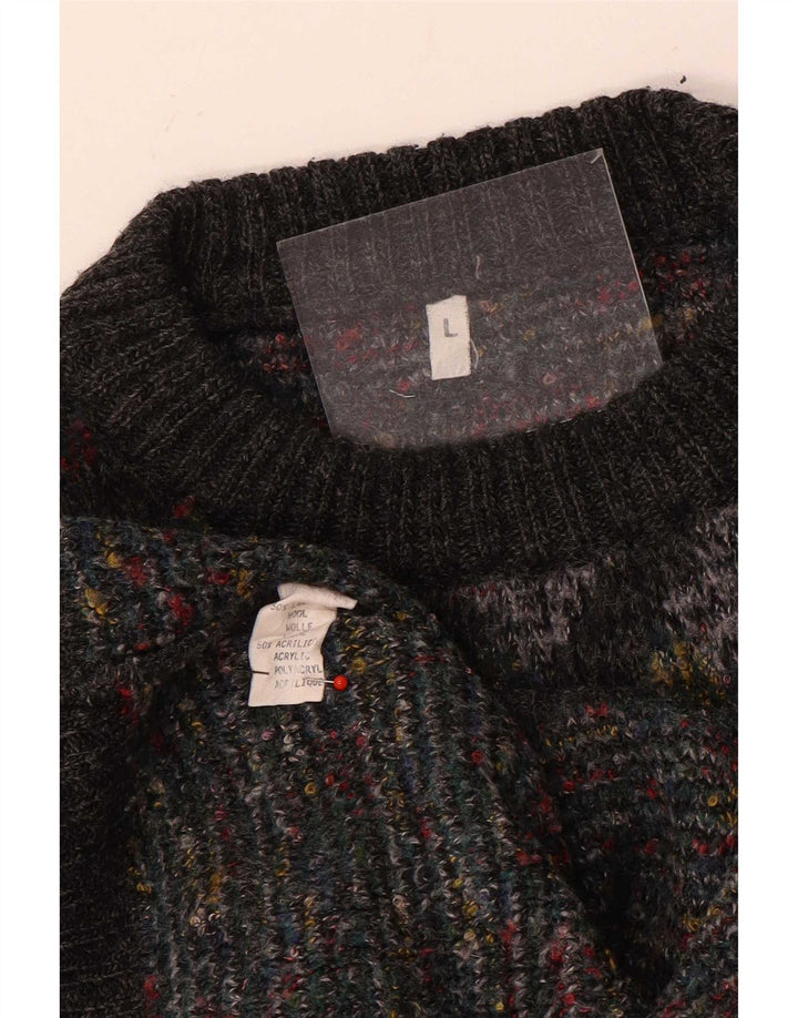 Vintage męski sweter z okrągłym dekoltem, duży, szary, argyle/diamentowa wełna