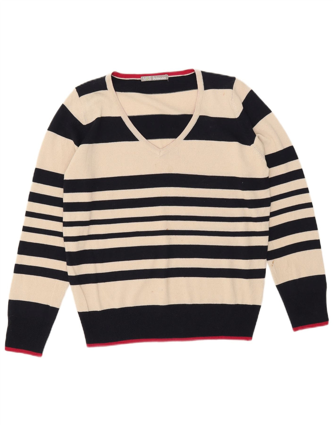 Marks & Spencer Damski sweter z dekoltem w kształcie litery V, UK 12, średnie złamane białe paski