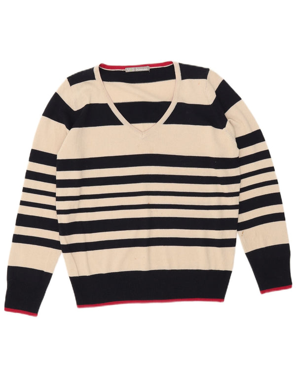 Marks & Spencer Damski sweter z dekoltem w kształcie litery V, UK 12, średnie złamane białe paski