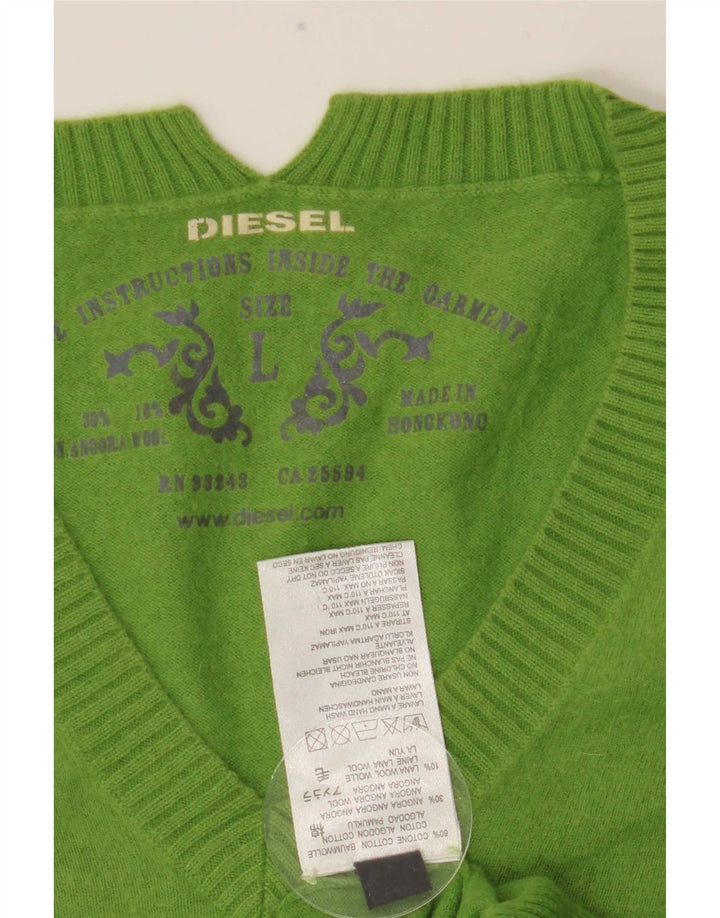 Diesel Męski sweter z dekoltem w kształcie litery V, duży, zielony, bawełniany