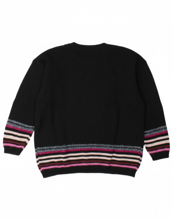 Vintage Womens Graphic Button Neck Jumper Sweater UK 14 Large Black Striped