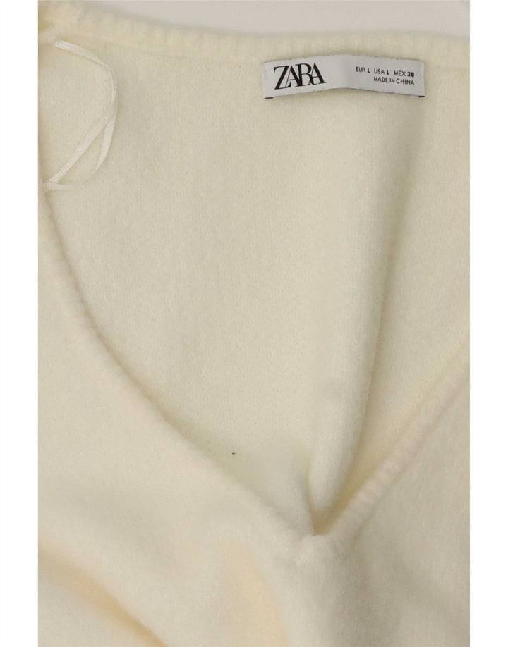 Sweter damski Zara z dekoltem w kształcie litery V, UK 16, duży, biały