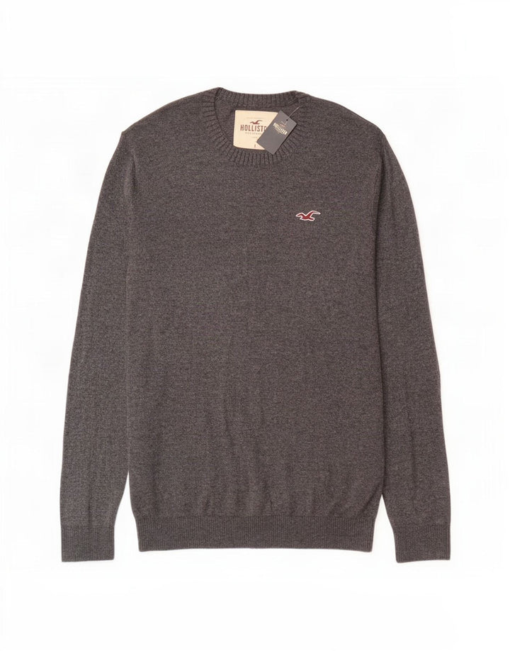 Męski sweter z okrągłym dekoltem Hollister, duży, szary, bawełniany