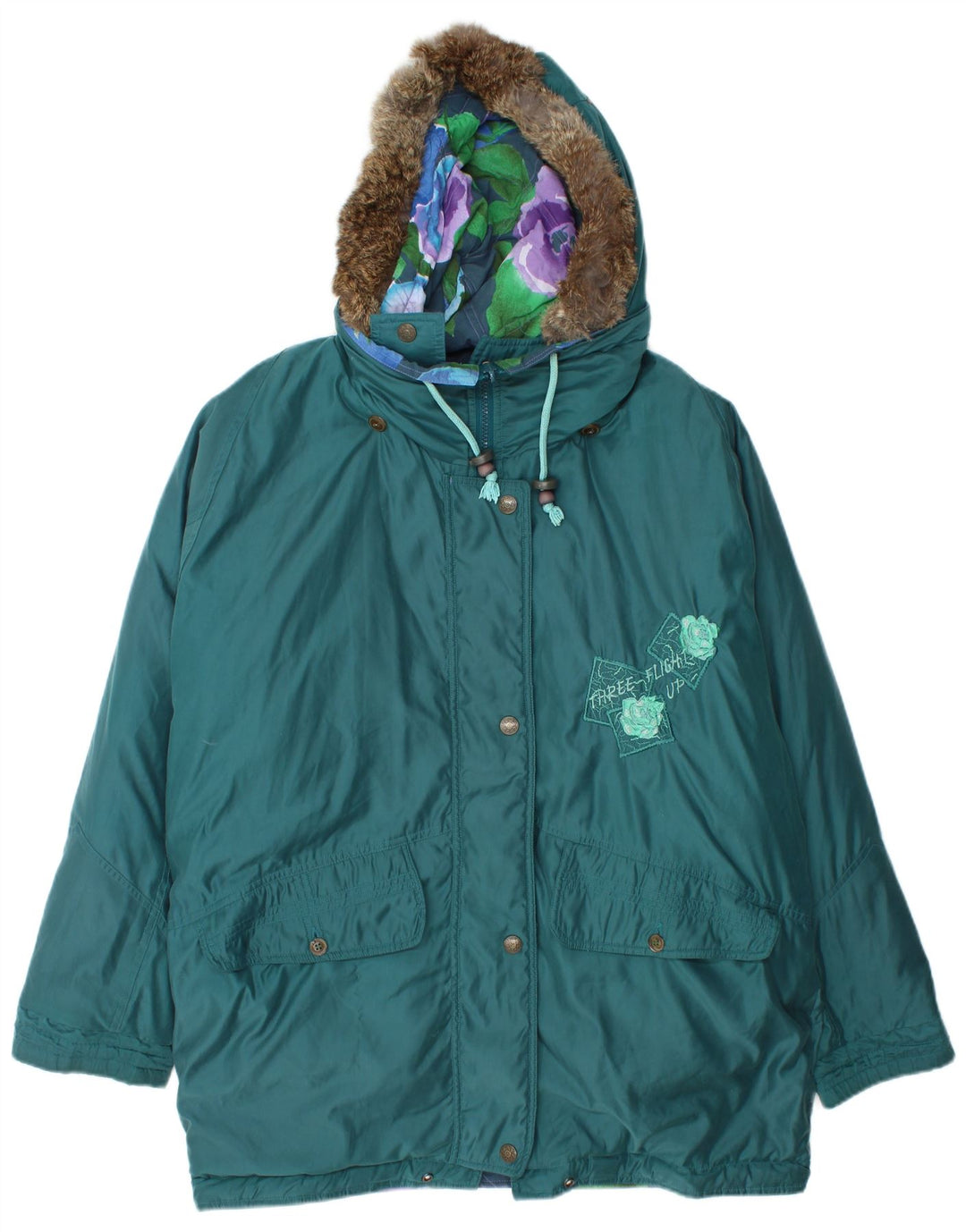 Damska dwustronna kurtka oversize VINTAGE z grafiką UK 16, duża turkusowa