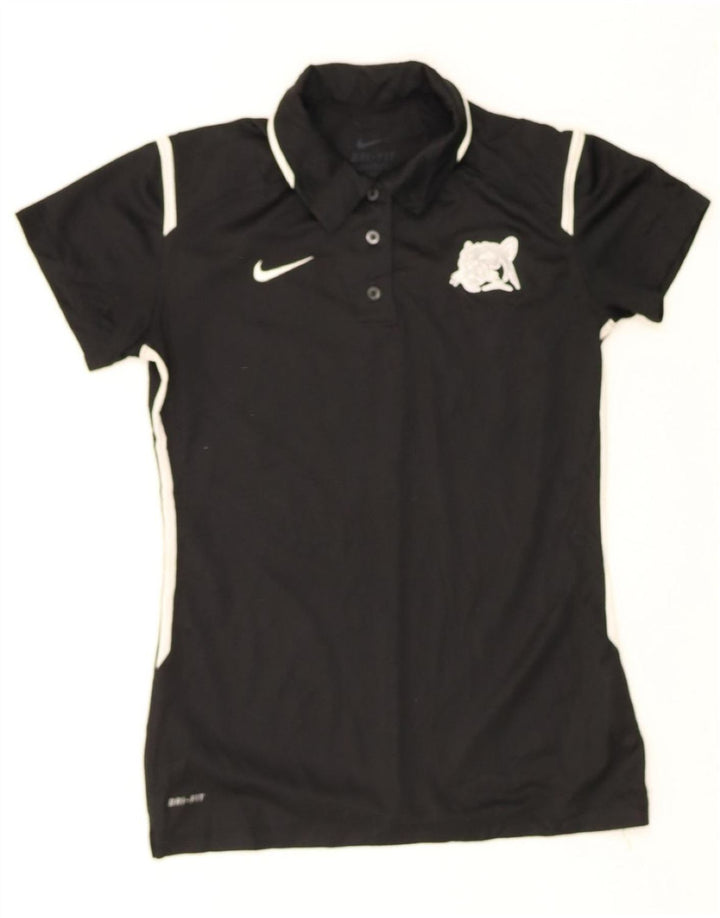 NIKE Womens Dri Fit Graphic Polo Shirt UK 10 Small Black Polyester Vintage Nike and Second-Hand Nike from Messina Hembry 