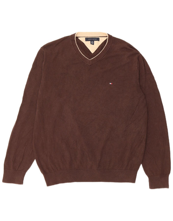 Męski sweter Tommy Hilfiger z dekoltem w kształcie litery V, duży, brązowy, bawełniany