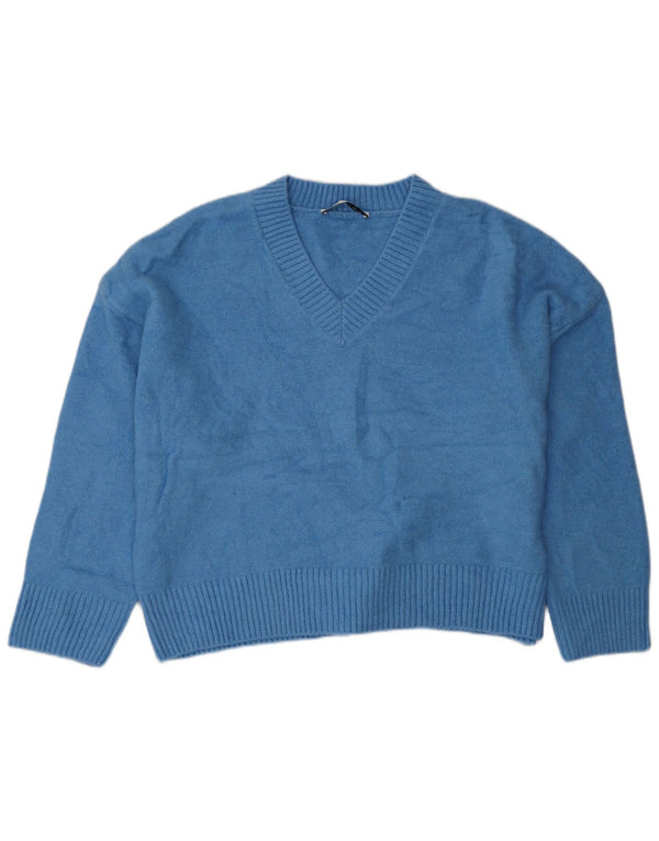 Damski sweter oversize ZARA z dekoltem w kształcie litery V, UK 18 XL, niebieski akryl