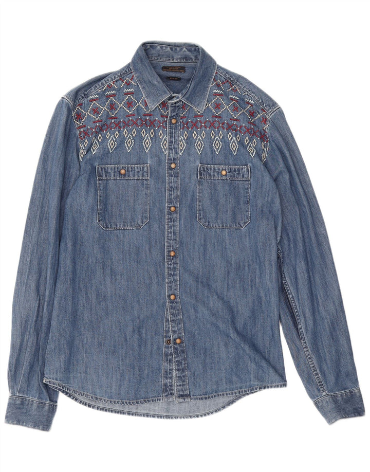 Męska koszula dżinsowa Zara Slim Fit, duża, niebieska, geometryczna