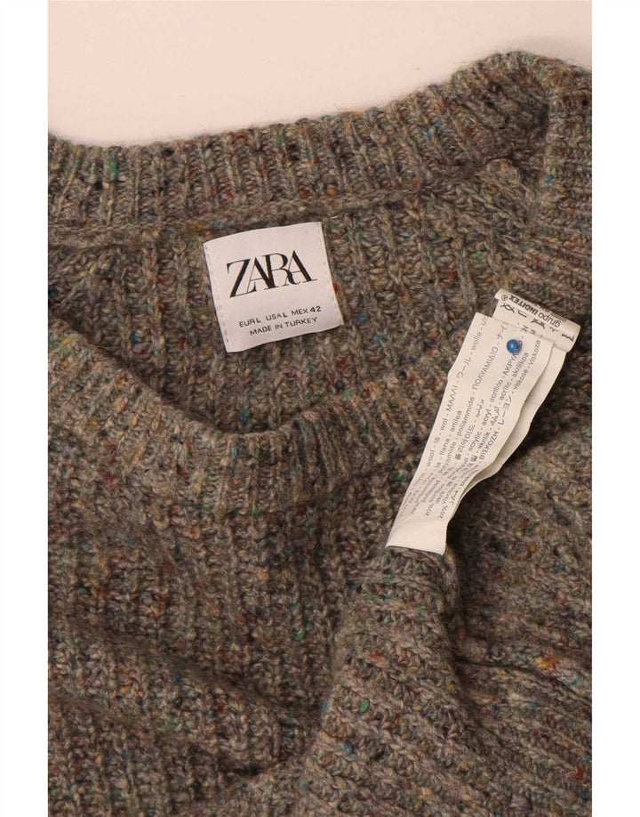 Męski sweter Zara z okrągłym dekoltem, duży, szary, wełniany w cętki