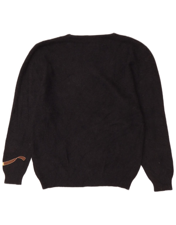 Sweter damski w stylu vintage z graficznym dekoltem w łódkę UK 18 XL, czarny Angora