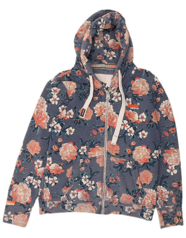 SUPERDRY Womens Zip Hoodie Sweater UK 18 XL Blue Floral Cotton