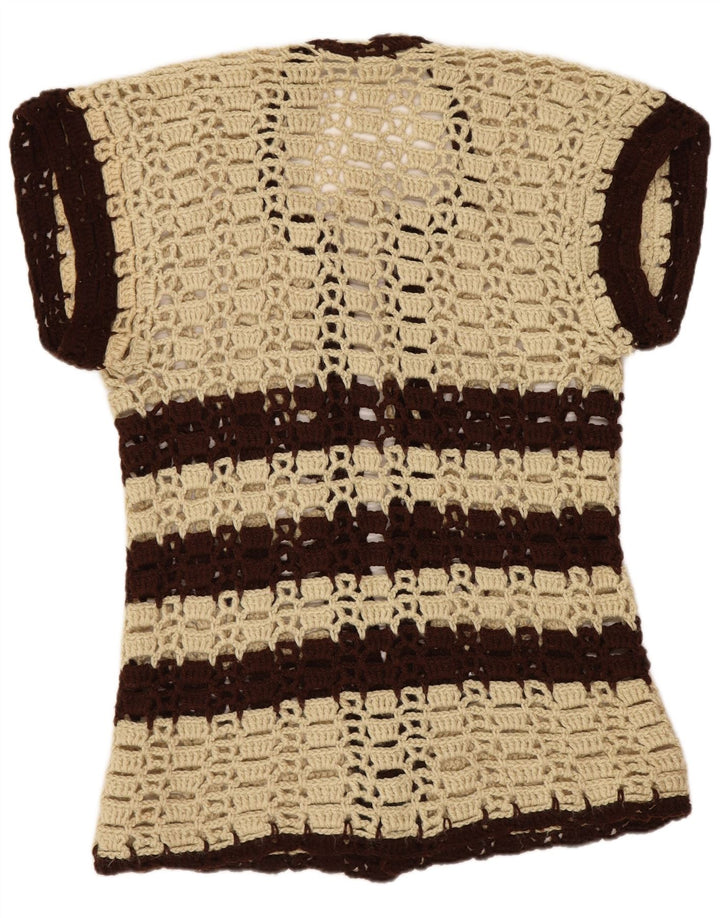 Vintage damski sweter rozpinany z krótkim rękawem UK 8 w małe beżowe paski