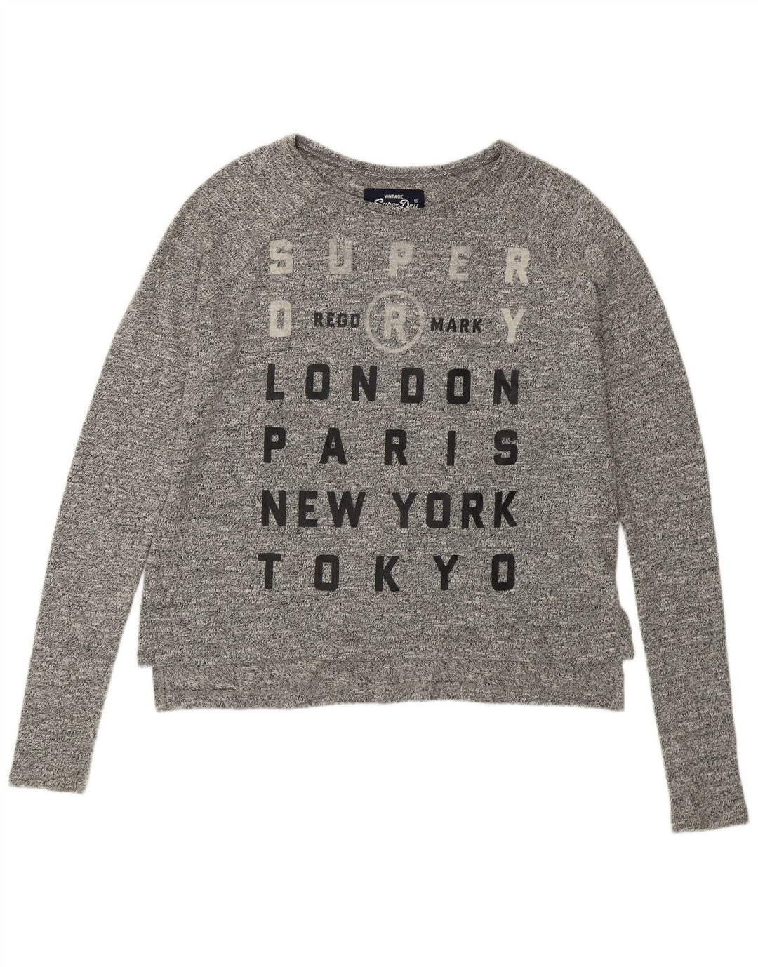 SUPERDRY Damski top oversize z grafiką, długim rękawem, UK 10, mały, szary, bawełniany