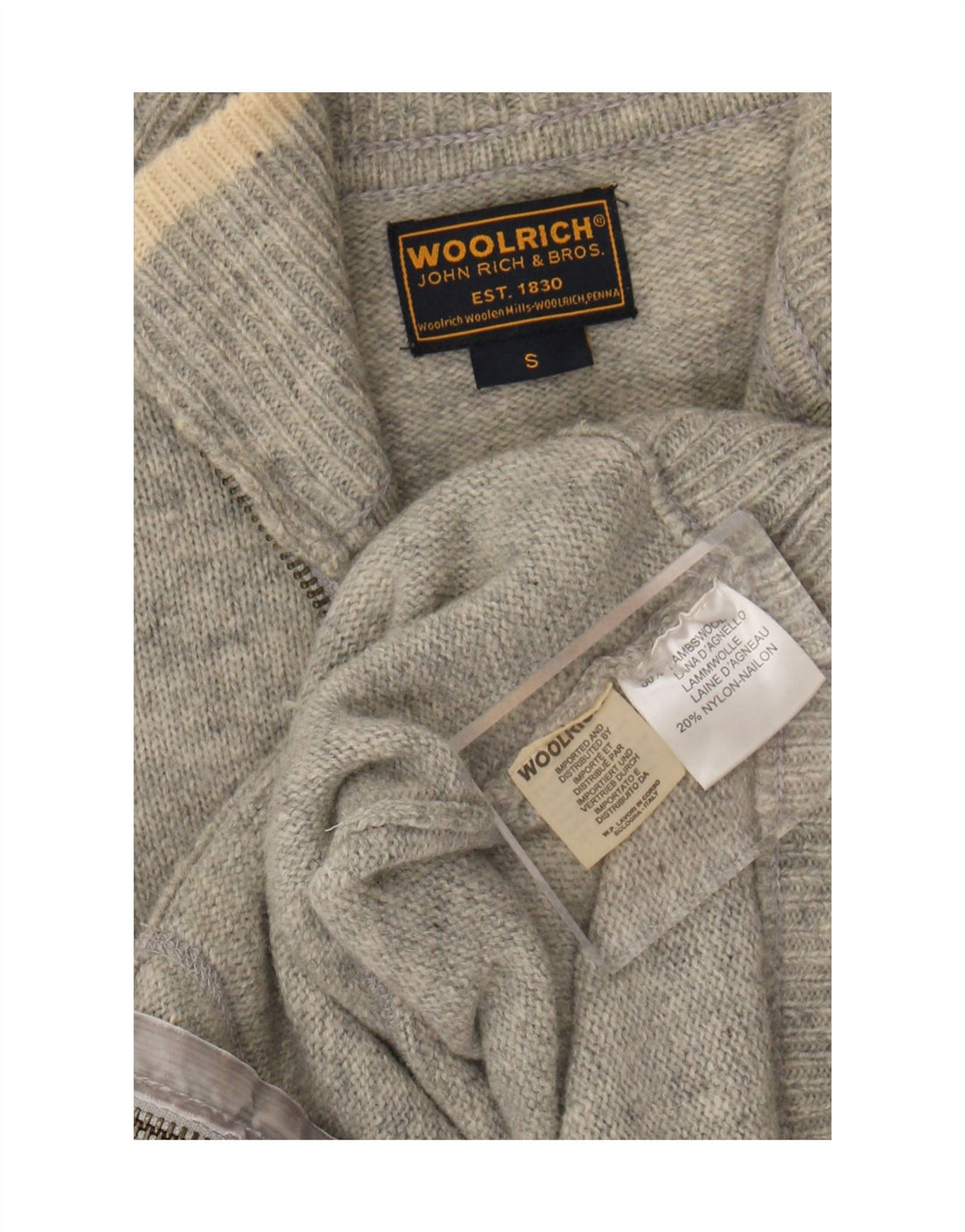 Damski sweter rozpinany z grafiką i zamkiem błyskawicznym Woolrich UK 10, mała, szara wełna