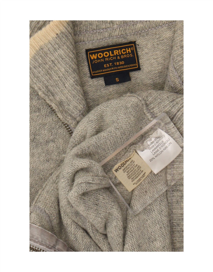 Damski sweter rozpinany z grafiką i zamkiem błyskawicznym Woolrich UK 10, mała, szara wełna