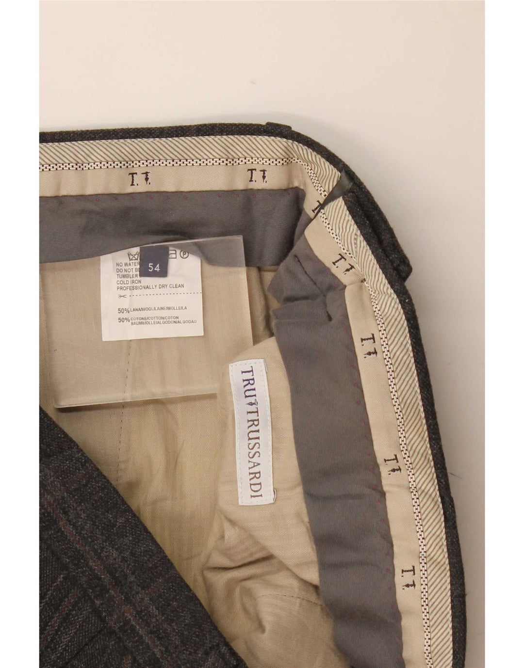 Męskie proste spodnie garniturowe Trussardi W36 L33 Szara wełniana kratka