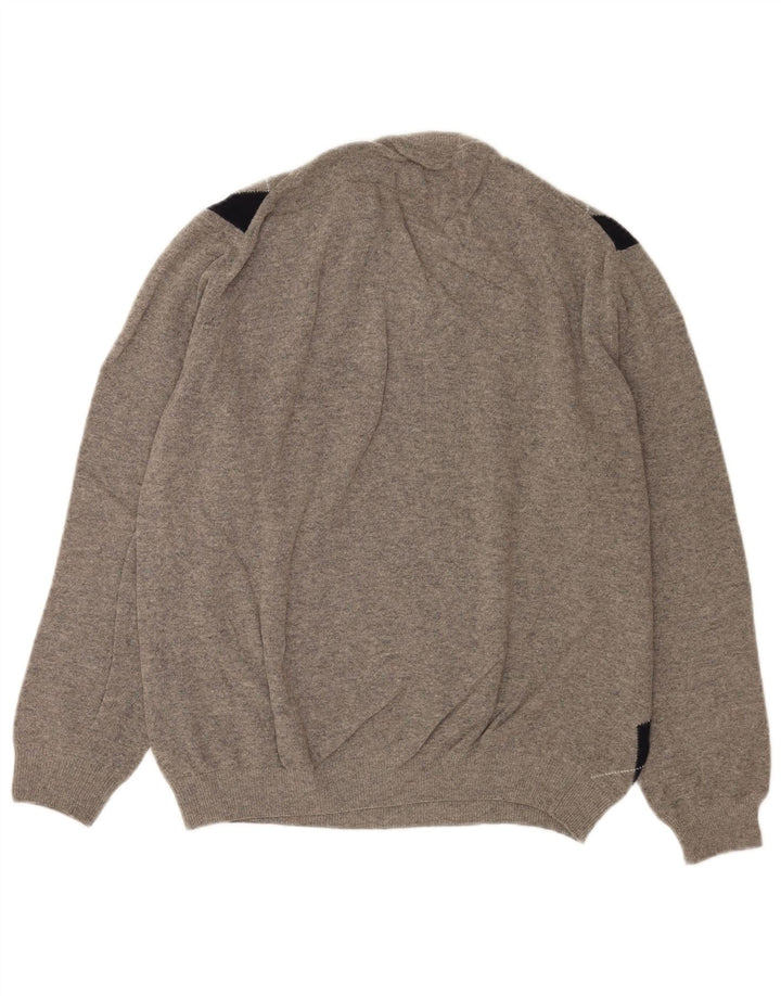 Męski sweter karabinowy z dekoltem w szpic, duży, szary, argyle/diamentowa wełna