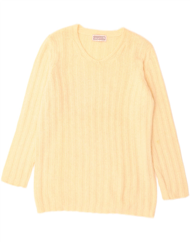 Sweter damski Stefanel z dekoltem w kształcie litery V, UK 14, duży, żółty