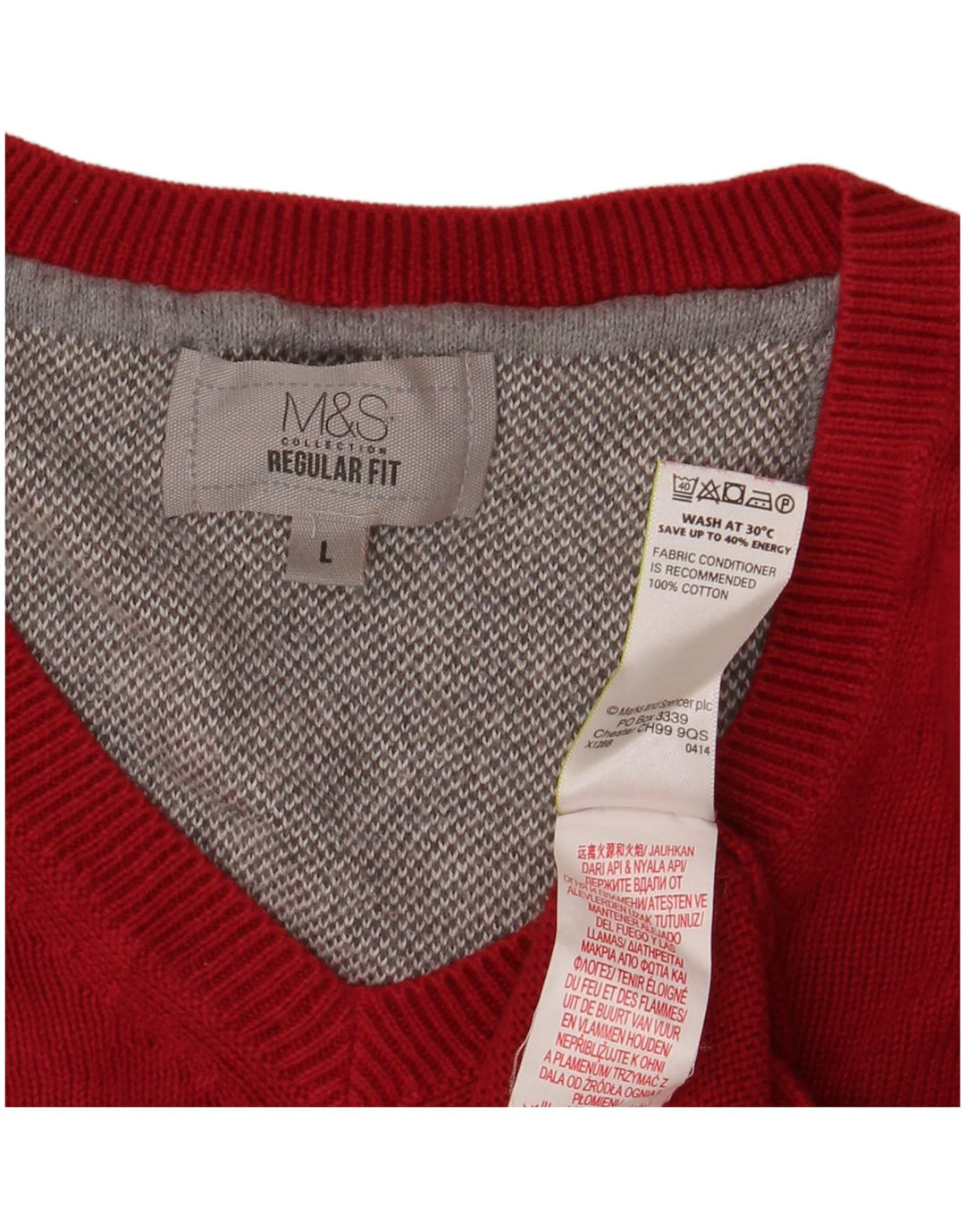 MARKS & SPENCER Męski sweter o regularnym kroju z dekoltem w kształcie litery V, duży, czerwony, bawełniany