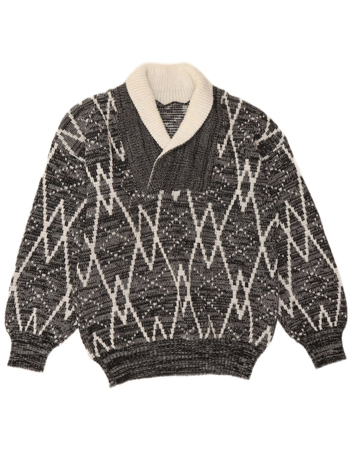 Vintage męski sweter z szalowym dekoltem, średnio szary, geometryczny