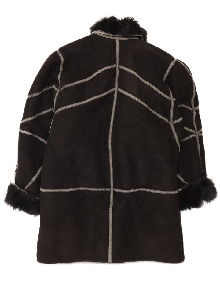 Vintage damski płaszcz oversize z owczej skóry IT 42, średni czarny shearling