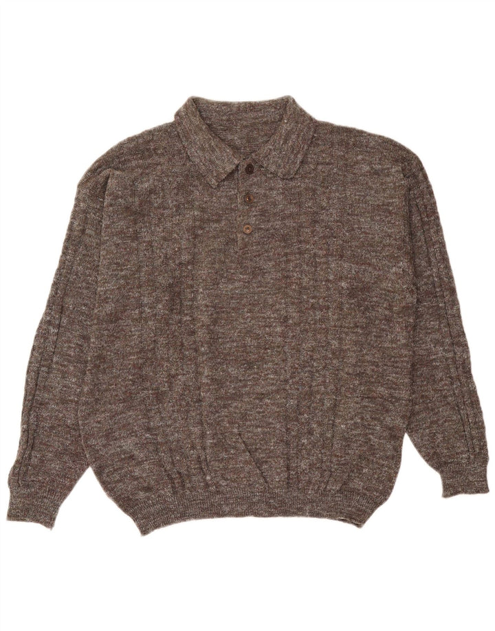Męski sweter w stylu vintage, z dekoltem polo, duży, szary, nakrapiany
