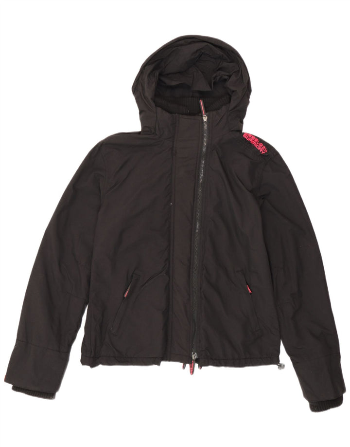 Damska kurtka wiatrówka z kapturem Superdry UK 14, duża, czarna nylonowa