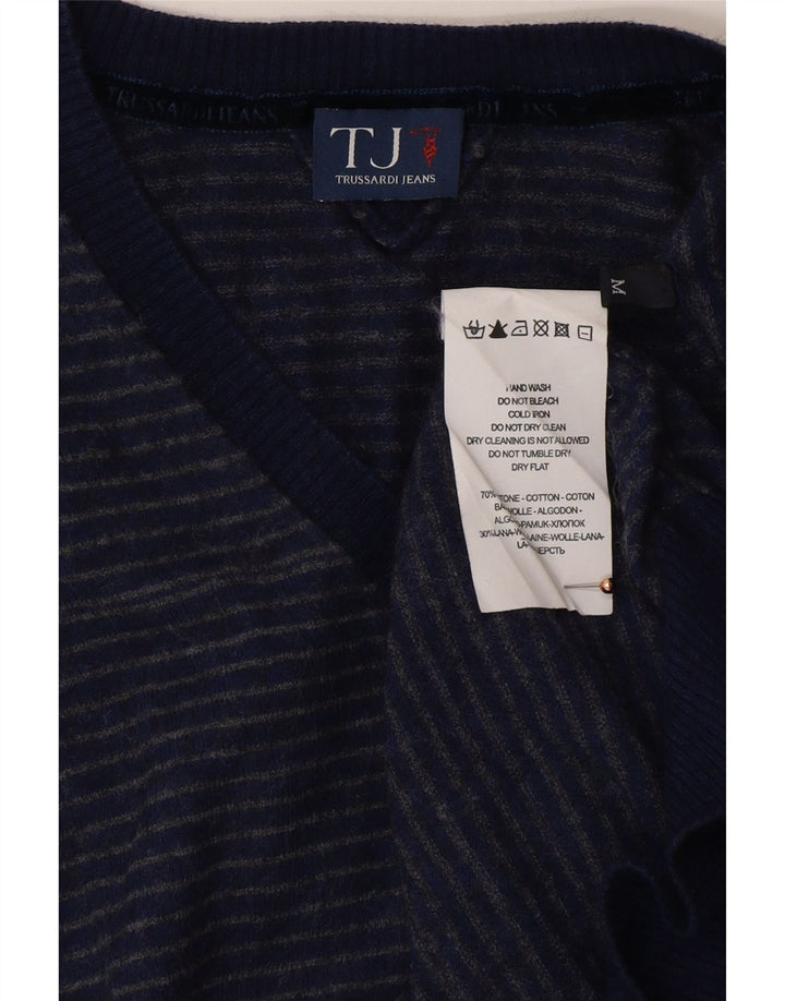 TRUSSARDI JEANS Męski sweter z dekoltem w kształcie litery V, bawełniany w średnie niebieskie paski