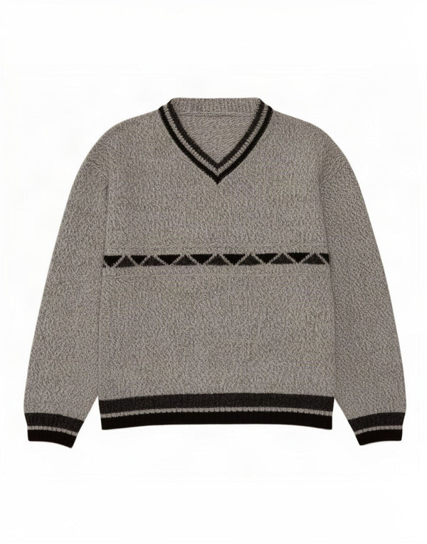 Męski sweter w stylu vintage z dekoltem w szpic, średnio szary, geometryczny akryl