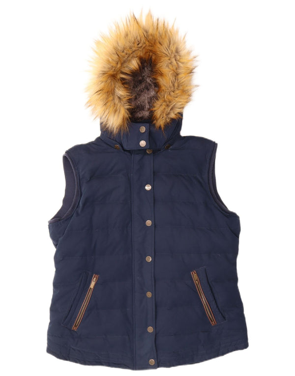 Fat Face Womens Hooded Padded Gilet UK 14 Large Navy Blue Polyester