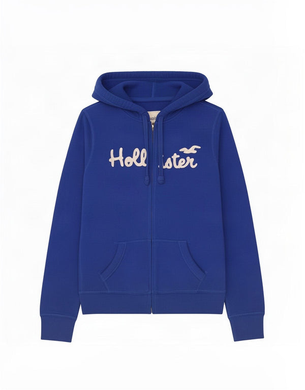 Damski sweter z kapturem i zamkiem błyskawicznym Hollister UK 16, duży, niebieski, bawełniany