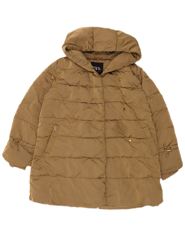 Zara Womens Hooded Oversized Padded Jacket UK 14 Medium Khaki Polyamide