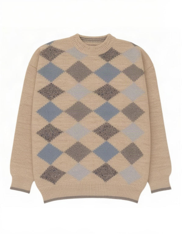 Vintage męski sweter z okrągłym dekoltem XL beżowy Argyle/diamentowa wełna z alpaki