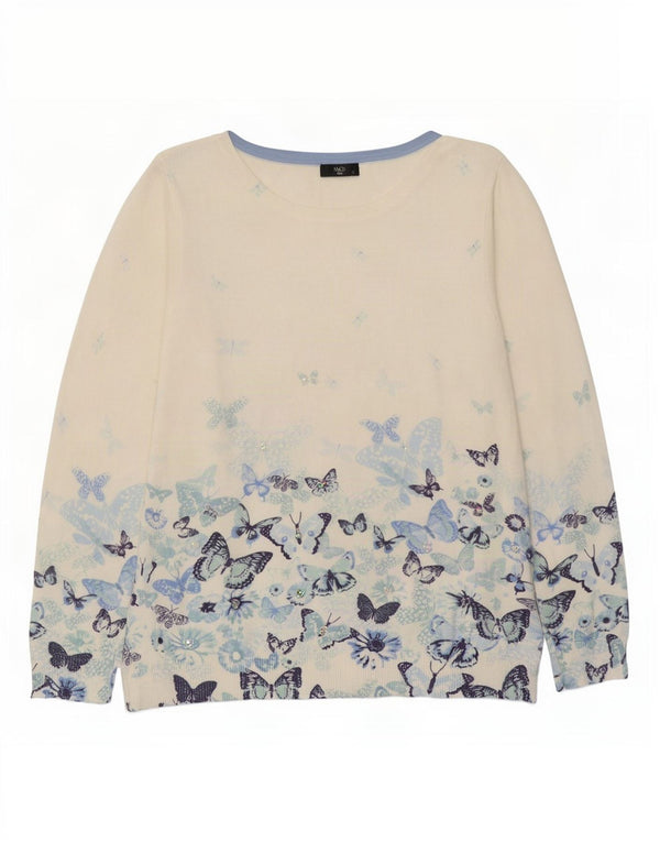 Sweter damski M&Co z drobnym dekoltem w łódkę, UK 16, duży, biały motyl