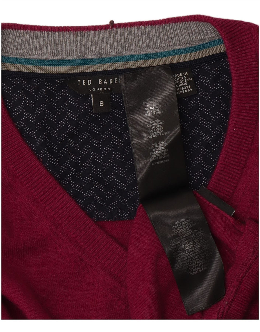 TED BAKER Mens V-Neck Jumper Sweater Size 6 2XL Pink Wool