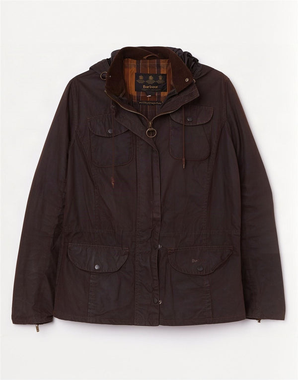 Kurtka damska Barbour z kapturem i woskowaną bawełną UK 14, duża brązowa