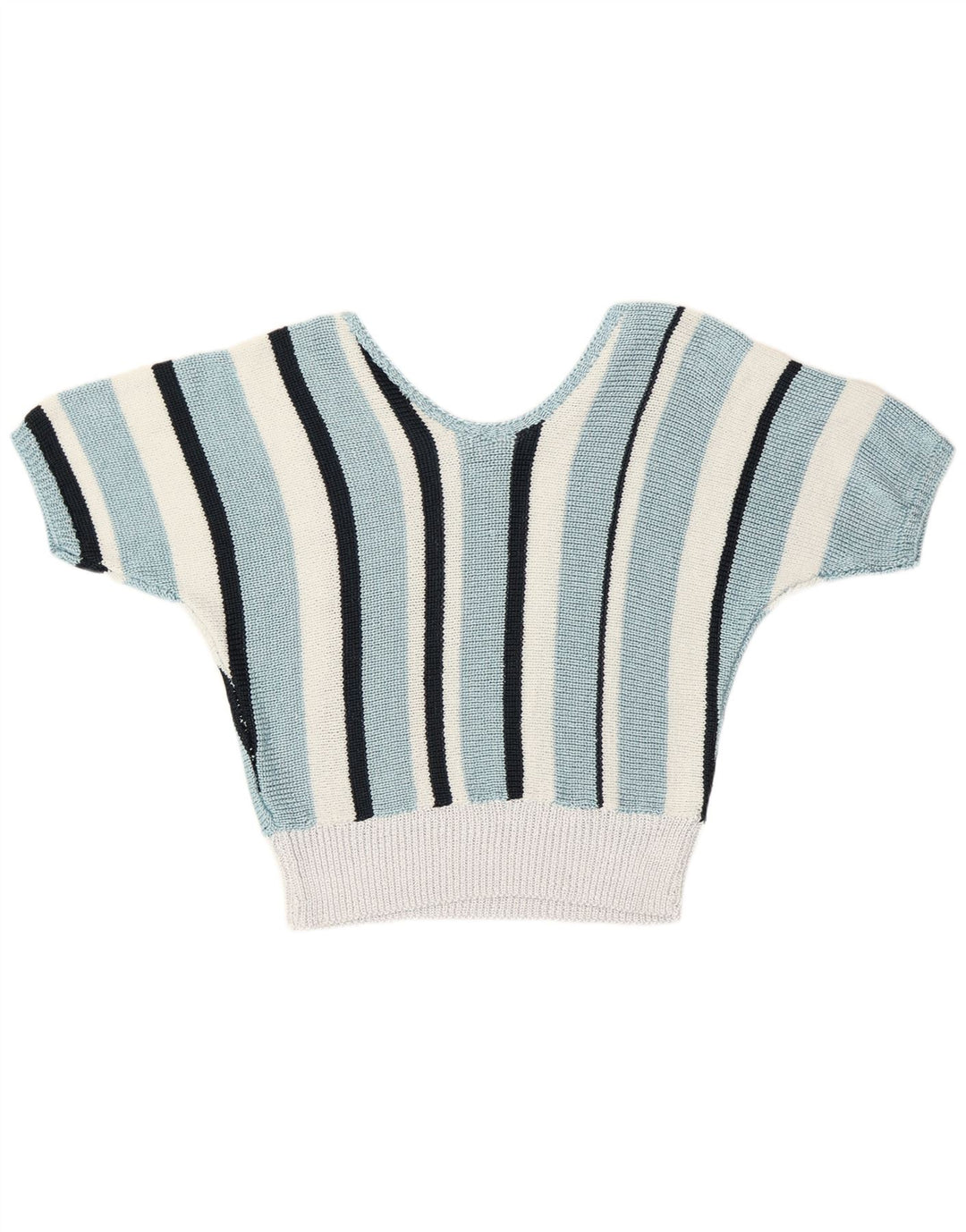 Sweter damski w stylu vintage z dekoltem w kształcie litery V, UK 12, średni niebieski w paski, retro