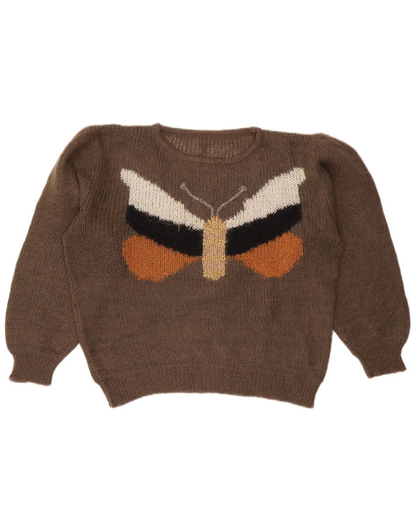 Damski sweter w stylu vintage z okrągłym dekoltem UK 16, duży brązowy motyl