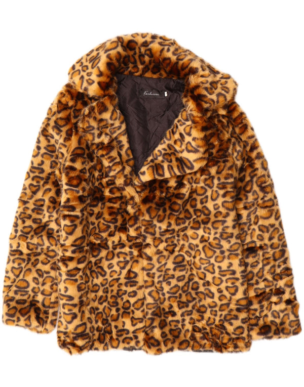 Damska kurtka ze sztucznego futra VINTAGE UK 10, mały, brązowy, poliester z nadrukiem zwierzęcym