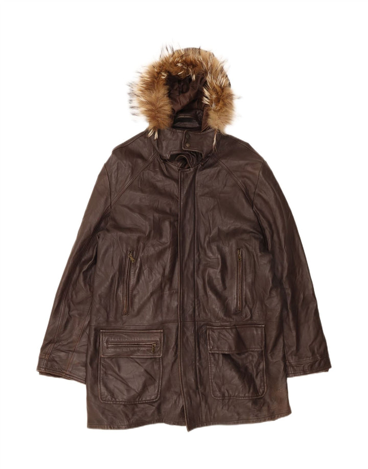 ICEBREAKER Mens Hooded Leather Coat UK 40 Large Brown Vintage Icebreaker and Second-Hand Icebreaker from Messina Hembry 
